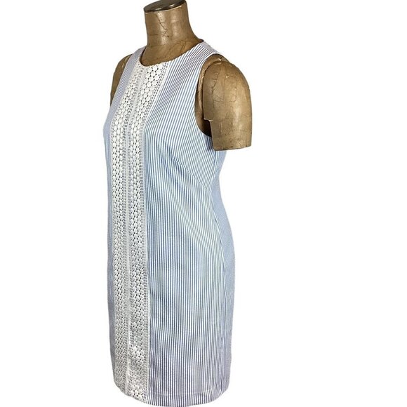 London Times Seersucker & Crochet Lace 60s/70s Shift Dress Sz 6 Blue/White 250C - Picture 3 of 11